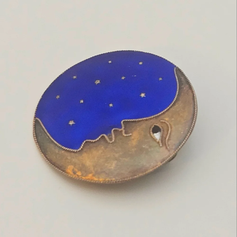 Laurel Burch Gold Over Sterling Silver Enameled Moon And Stars Brooch